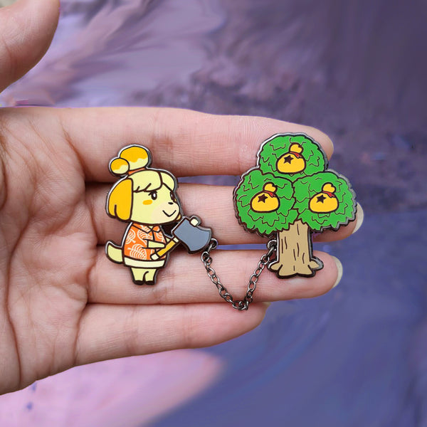 animal crossing money tree Animal Crossing Isabelle with Money Tree Chained Pins – Pugnacious Pins